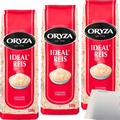 Produktbild von Oryza Ideal Reis Langkorn Parboiled 3er Pack (3x500g Beutel) + usy Block
