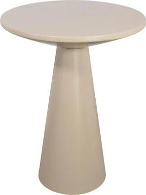 A beige side table with a trumpet base.