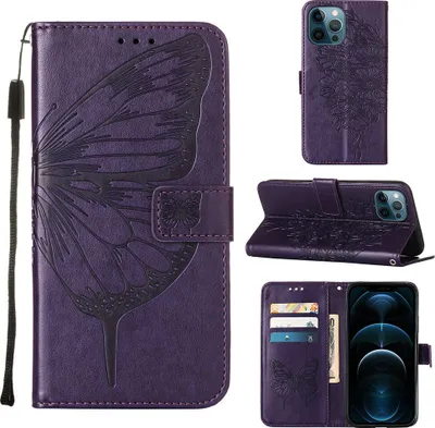 Produktbild von iPhone 12 Pro Hülle, Schmetterling Prägung Flip Leder Kartenfächer Schutzhülle Ledertasche mit Ständer für iPhone 12 Pro Lila