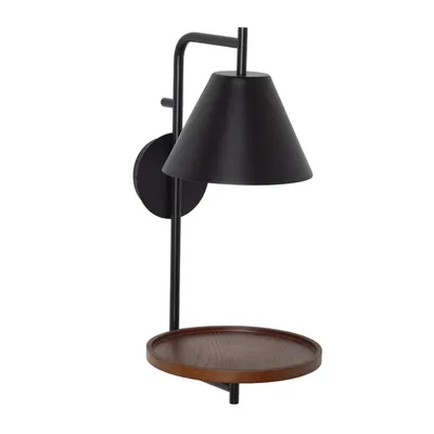Produktbild von SKAND Wandleuchte E27 mit Ablage, schwarze Metalllampe mit Holzoptik-Tablett und Schalter, moderne Bettlampe für Schlafzimmer Flur Wohnzimmer