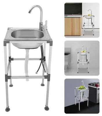Obrázek produktu pro Kuchyňský dřez z nerezové oceli – volně stojící dřez s jedním umyvadlem – s baterií – 1 otvor – montáž – pro venkovní použití/kempování – stříbrný