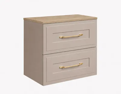 Imagen del producto de Mueble de baño suspendido de 60 cm con cajones, cuerpo en color cachemir y frente en roble claro, tiradores dorados, dimensiones: 60 x 46 x 58,6 cm, Imagen generada por IA
