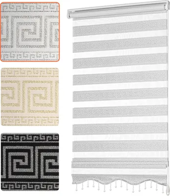 Produktbild von Doppelrollo Klemmfix Duo-Rollo ohne Bohren Mäander Design Ornamente Orientalisch Damask Griechisches Wellen-Muster Weiß Silber 50 x 200 cm (Stoffbreite 46cm)