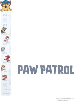 A height chart for children featuring Paw Patrol characters, with measurement markings from 70 cm to 150 cm.