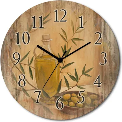 A round wooden wall clock with an illustration of olive oil bottle and olives.