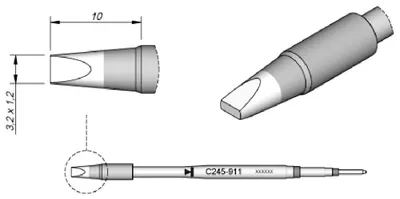 Zdjęcie produktu dla Grot lutowniczy JBC serii C245 w kształcie dłuta, C245911/3,2 x 1,2 mm, prosty, High Thermal C245911