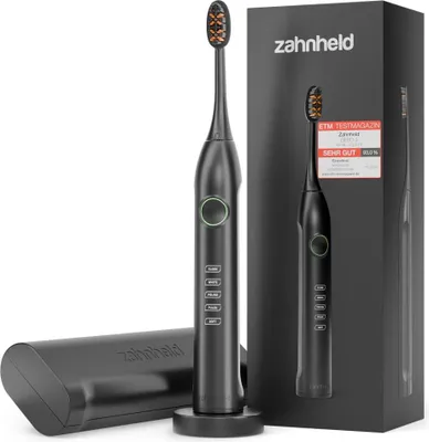 Produktbild von Zahnheld Schallzahnbürste Gero elektrische Zahnbürste mit Etui schwarz - lange Akkulaufzeit, 5 Putzmodi, Zahnpflege für Erwachsene, Reisezahnbürste