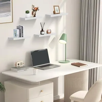 Produktbild von 4x Schweberegal Wandregal Bücherregal Regale für Deko Wandablagen aus MDF-Holz, 4er-Set Wandregal Weiß Holz, 40x14x3cm