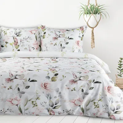 Image de Eurofirany blanc linge de lit 220x200 cm fleurs double face + 2 x taies d'oreiller 70x80
