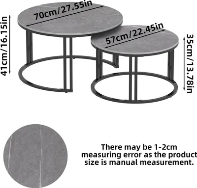 Produktbild von 2er Set runde Satztische - Couchtisch / Beistelltisch - Sinterierte Steinplatte - Metallgestell - Modern minimalistisch - 57×35/70×41 cm - Dunkelgrau