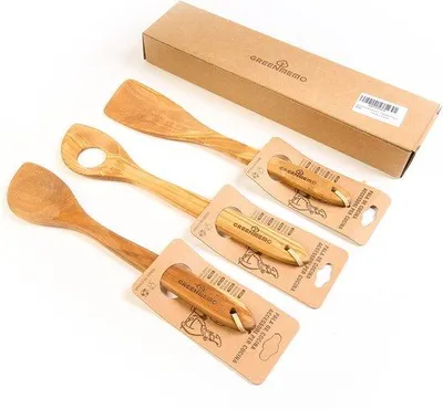 Productafbeelding van Unyqoos® Set van 3 kooklepels van olijnhout – 30,5 cm handgrepen, lepel en spatel, geschikt voor pannen, krasbestendig, geleidt geen warmte