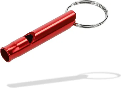 Imagen del producto de Silbato de señalización de aluminio con llavero – Silbato de trino en color plateado y rojo