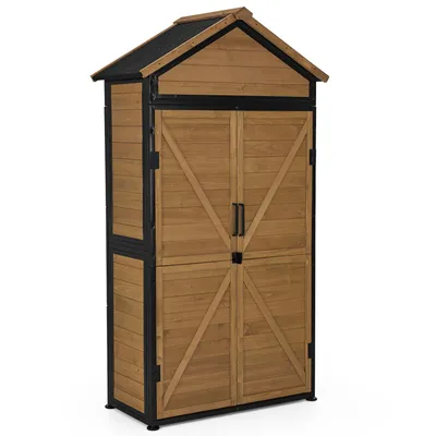 Produktbild von M MCombo Gartenschrank Gartenhaus Holz Metgallgestell Wetterfest, Gerätehaus Outdoor, für Außenbereich Garten Terrasse, Geräteschuppen, 2736 (Natur)