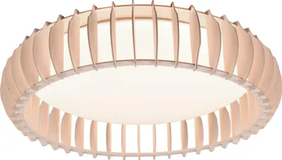A round, flush-mount ceiling light with a wooden slat design.