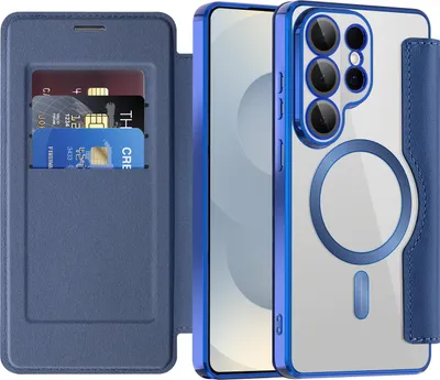 Obrázek produktu pro Pouzdro pro Samsung Galaxy S26 Ultra kompatibilní s MagSafe, průhledné pouzdro s držákem karet, kožené pouzdro s ochranou kamery modré