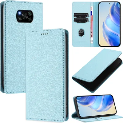 Produktbild von Litchi Leder Handyhülle für Xiaomi Poco X3 / X3 NFC / X3 Pro Wallet Kartenfächer Standfunktion Hülle Hellblau