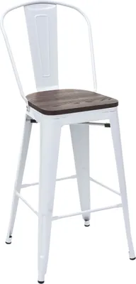 Produktbild von Barhocker HWC-A73 inkl. Holz-Sitzfläche, Barstuhl Tresenhocker mit Lehne, Metall Industriedesign  weiß