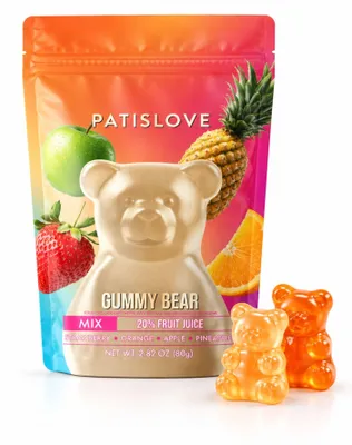 Image de Patislove, mélange de bonbons gélifiés en forme d'ours, avec 20 % de jus de fruits (fraise, orange, pomme et ananas), 80 g