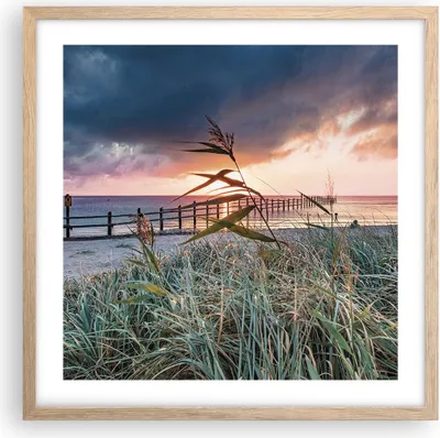 Produktbild von Gerahmtes Poster - Rahmen in heller Eiche - Strand Gras Horizont - 50x50 cm - Wand Bild - Wanddeko - Wandbilder - Kunstposter - Wandposter - Bilderrahmen - Bilder - Kunstdruck - P2NAC50x50-4625