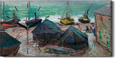 Produktbild von Wandbild Leinwand Bilder Wanduhr Geräuschlos 60x30 Boote am Strand von Etretat - schwarze Hände