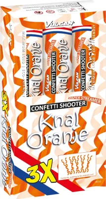 Image de lanceur de konfetti à 3 branches - couleur orange vif - avec des feuilles de papier - s'étend sur une distance de 5 à 8 mètres.