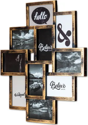 A multi-photo frame collage with a distressed gold and black finish, displaying various black and white images and text.