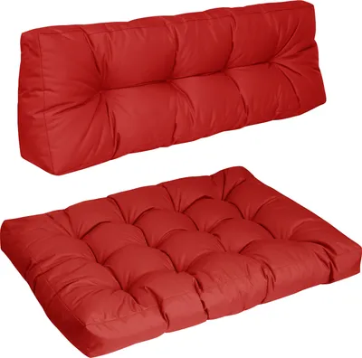 A red seat cushion and a red back cushion for a pallet sofa, shown against a white background.