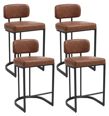 Produktbild von Barhocker 4er Set mit Fußstütze und Rückenlehne, Kunstleder Braun, Sitzhöhe 66 cm