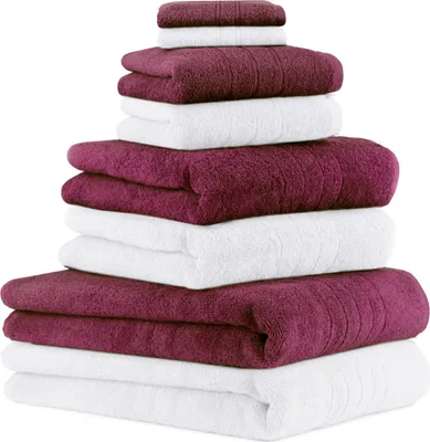 Produktbild von Betz 8-tlg. Handtuch-Set DELUXE 2 Badetücher 2 Duschtücher 2 Handtücher 2 Seiftücher 100% Baumwolle Farbe: weiß und pflaume