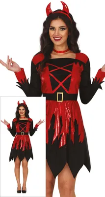 Productafbeelding van Duivels Halloweenkostuum met hoorns en een rood-zwart design, ideaal voor een griezelige look tijdens Halloween of een carnavalsparty. Maat: 42 - 44 (L). Kleur: Rood / Zwart