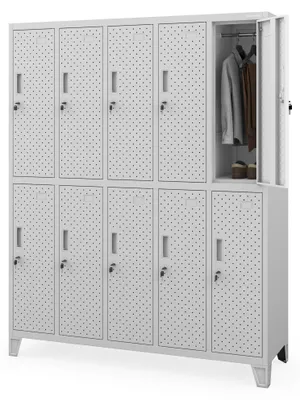 Produktbild von Umkleideschrank Spind Spint Schließfachschrank Metallschrank 10 Fächern Etikettenhalter Lüftungsschlitze Pulverbeschichtet Perforiert 172x136x45cm grau