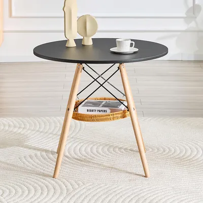 Immagine prodotto di okwish Tavolino rotondo con cestino portaoggetti, tavolino da salotto, gambe in legno naturale, tavolino da divano per soggiorno, nero