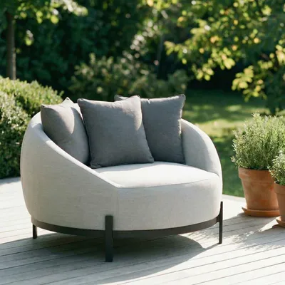 Produktbild von Outdoor-Sofa BARI rund,mit 3 Kissen Hellgrau – bequeme Gartencouch mit schwarzem Aluminiumgestell und wetterfestem Stoff ideal für Garten Balkon Terrasse