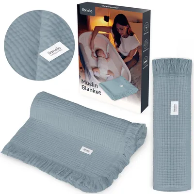 Produktbild von Lionelo Muslin Blanket Musselin-Decke 70x100 cm – 6-lagige Baumwolle, Ganzjahres Babydecke mit Fransen, atmungsaktiv & weich - Blau