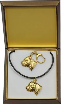 Produktbild von Staffordshire Bull Terrier, Staffordshire Bullterrier II - Schlüsselanhänger und Halskette mit Hund in einer Box, vergoldetes Produkt von hoher Qualität, Marke Art-Dog