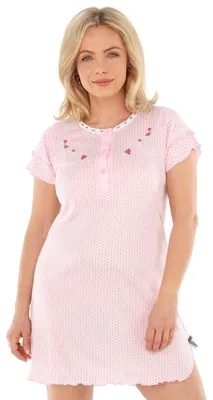 Produktbild von Nachthemd Damen kurzer Arm mit Spitze und Stickerei Nachtgewand Nachtwäsche, Größe:XL, Farbe:Rosa mit Stickerei