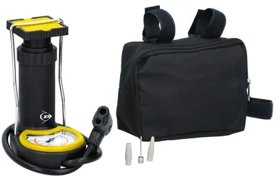Produktbild von Dunlop Mini Fußpumpe Luftpumpe - Reifenpumpe - Inklusive 3 Adapter - Analoges Manometer mit Aufbewahrungstasche