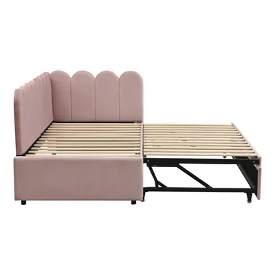 Produktbild von Flieks Polsterbett 90x200cm mit Ausziehbett, Schlafsofa Tagesbett mit Rückenlehne, Jugendbett Kinderbett mit Lattenrost, Sofabett Daybett Samt, Rosa