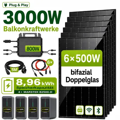 Produktbild von 3000 Watt Balkonkraftwerk mit Speicher Marstek B2500-D 8,96 kWh, 6x500Wp bifaziale Solarmodule Solarpanel, PV Solaranlage Solarspeicher