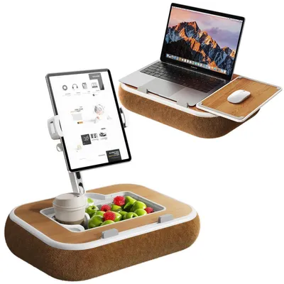 Obrázek produktu pro Držák na tablet s polstrováním, 360° nastavitelný, s miskou na svačinu, pro zařízení o velikosti 4,7-13", barva dřeva