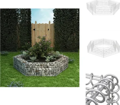 A hexagonal gabion raised garden bed filled with plants and flowers, set in a grassy garden with a wooden fence in the background. The image also includes wireframe diagrams of the gabion structure and a close-up of the wire mesh.