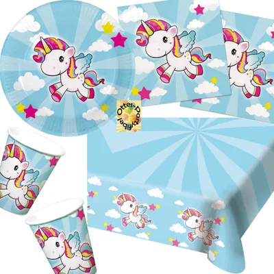 Produktbild von Baby-Einhorn-Party-Set 53tlg. - für 16 Gäste Teller Becher Servietten Tischdecke