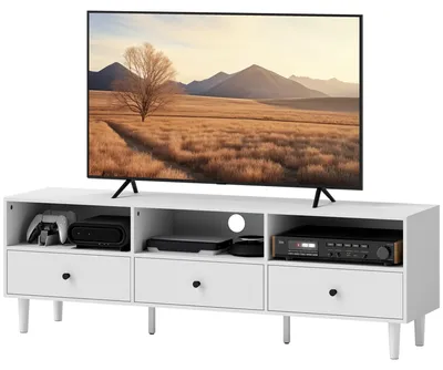Image de Meuble TV pour écran de 75 pouces – 3 tiroirs et compartiments | Couleur : Blanc | Dimensions : 140 x 34 x 45 cm