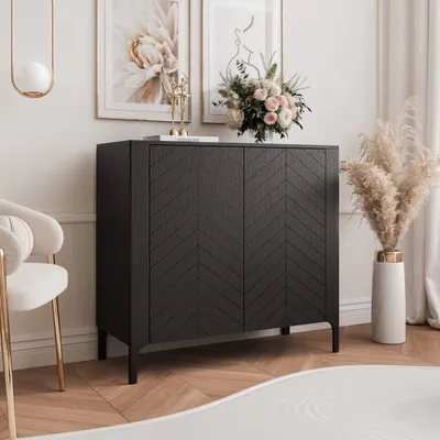 Image de Commode à deux portes IDOHOME LORIEN 103 cm avec pieds en métal, buffet noir, meuble d'appoint, meuble de rangement avec poignées en métal et fermeture en douceur