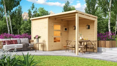 Produktbild von CHILLROI® Karibu Außensauna Sofia mit Anbaudach und Rückwand im Set mit finnischem 9kW Ofen inkl. Steuergerät
