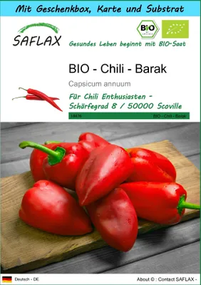 Produktbild von SAFLAX - Geschenk Set - BIO - Chili - Barak - 15 Samen - Mit Geschenk- / Versandbox, Versandaufkleber, Geschenkkarte und Anzuchtsubstrat - Capsicum annuum
