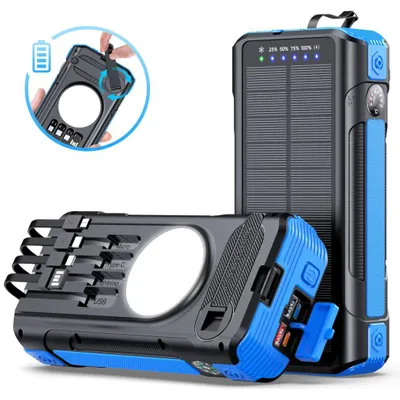 Produktbild von Externer Solarakku 40000mAh Linomag®, 4 USB-Anschlüsse, 4 integrierte Kabel, 4 Lademethoden, LED-Taschenlampe, Kompass und Thermometer, Blau