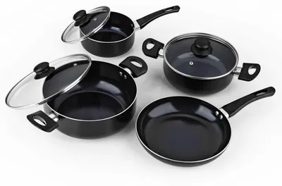Produktbild von CUISINE EDITION Aluminium-Koch- & Bratset | 7-tlg. | 3 Töpfe mit Glasdeckel + Pfanne | 16/20/24/24 cm | Schwarz