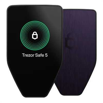 A Trezor Safe 5 hardware wallet is shown, with one side displaying the device screen and the other side showing the back of the device.