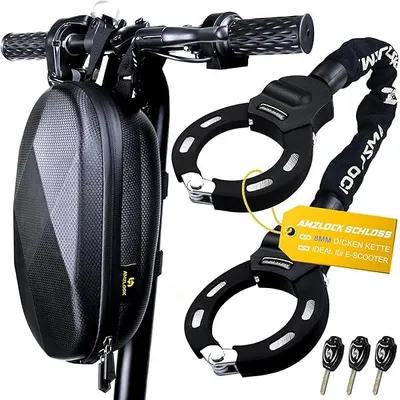 Produktbild von E Scooter Schloss mit Tasche | 8mm Dicke Kettenschloss | Handschellenschloss für E Scooter | mit 3 Schlüsseln | 1.6kg/75cm Hochsicherheitsschloss